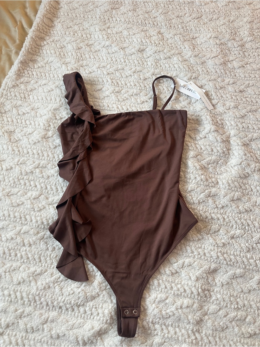 REORIA Women’s Brown One Shoulder Ruffle Bodysuit Sleeveless Going Out Top